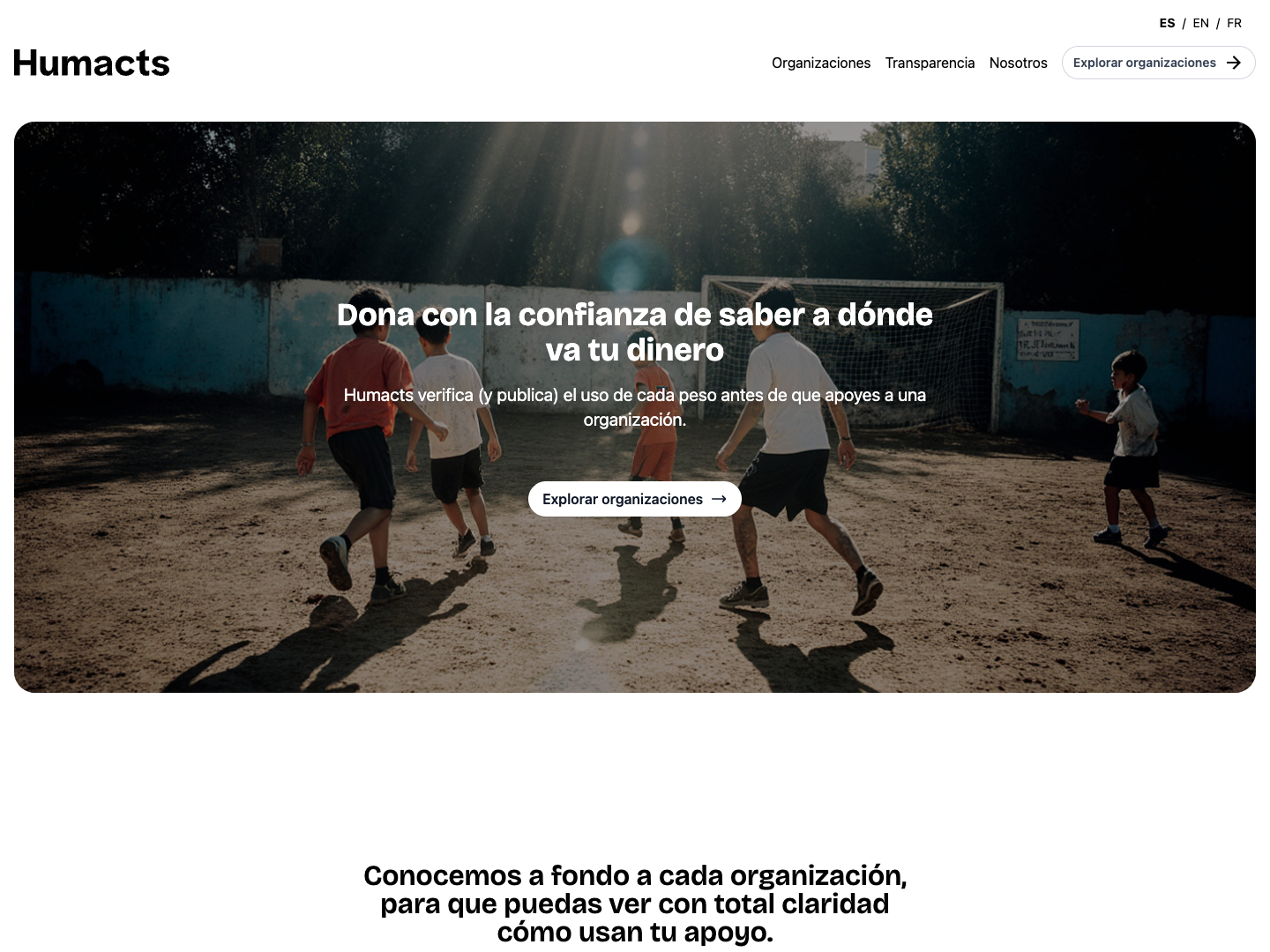 Humacts website homepage showing its donation transparency experience