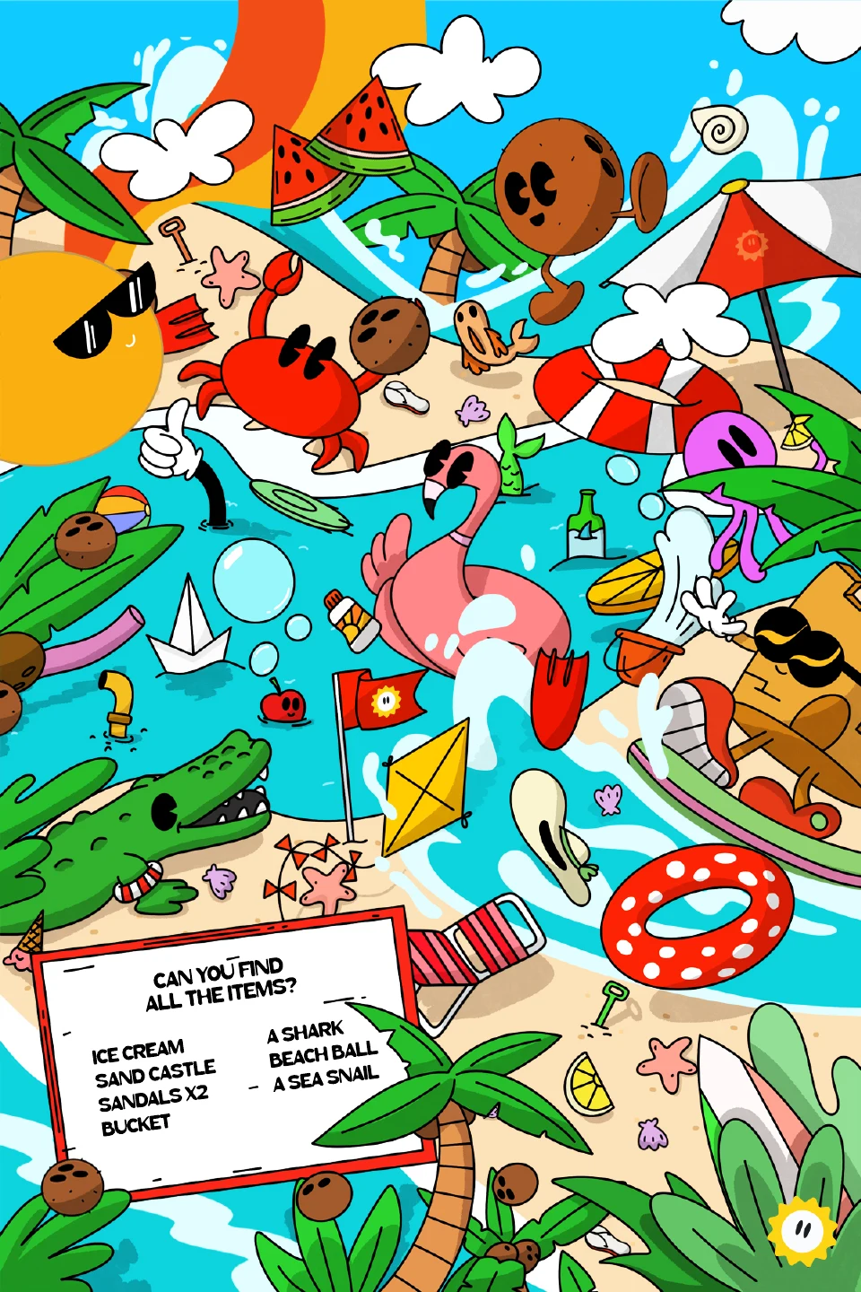Colourful Summer Days beach search-and-find postcard